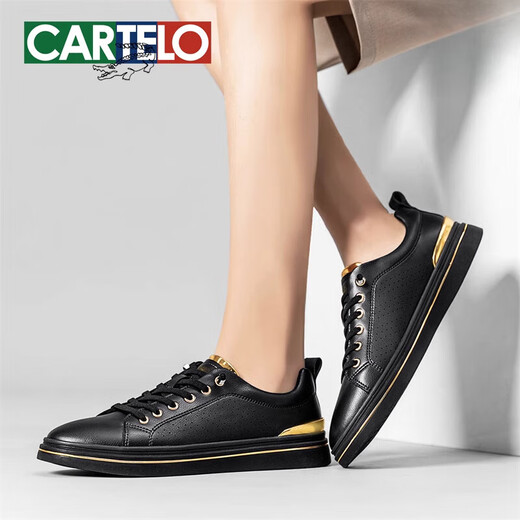 卡帝乐鳄鱼板鞋男感黑色男士休闲皮鞋真皮镂空透气一脚蹬男鞋 黑色-镂空透气-6630T 39 标准运动鞋码