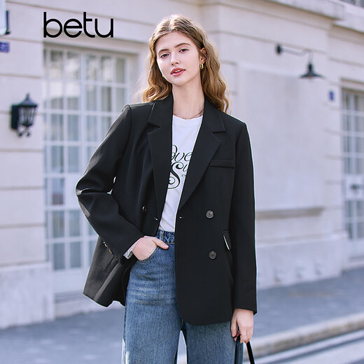 Betu Women's 2025 Spring New Suit Versatile Fashion Commuting Casual Suit Jacket Women 2502T55 Black M