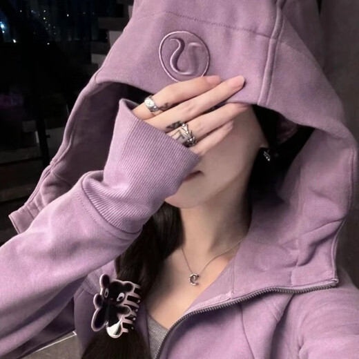 lulu露露卫衣scuba刺绣连帽加绒韩版修身运动拉链外套秋瑜伽服 金标杂白 L 8