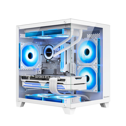 Huntkey S900 Sandstorm Panoramic Edition Sea View Room Chassis Desktop Computer Case (Double-sided tempered glass/left and right partitions/240 water cooling/7 fan positions/M-ATX motherboard) S900 Sandstorm-Full View Edition-White + 5 Prism 4Pro Fans