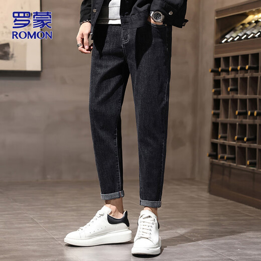 
ROMON jeans men's summer slim pants men's trendy brand small feet trousers casual men's pants trendy black gray 32