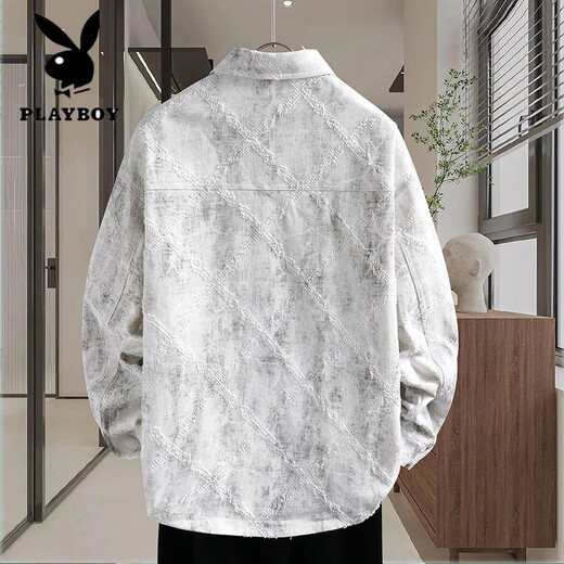 花花公子（PLAYBOY）牛仔外套男生春秋季新款青少年衬衫夹克初高中学生男装潮流士上衣 16823白色 XL (115-130斤左右)