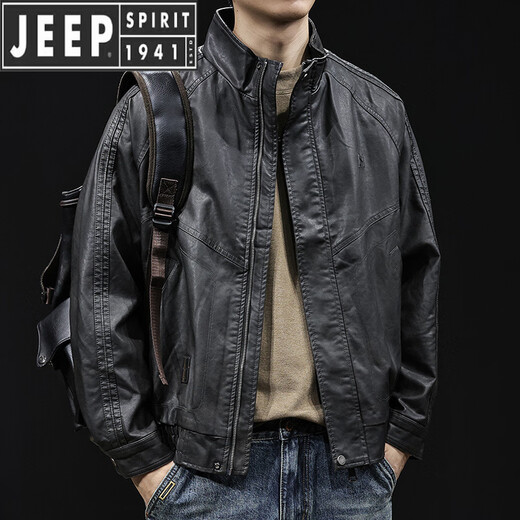 JEEP SPIRIT high-end leather jacket men's autumn and winter 2025 new men's velvet thickening large size trendy brand clothes motorcycle black gray XL suitable for 140-160Jin Jin equals 0.5 kg