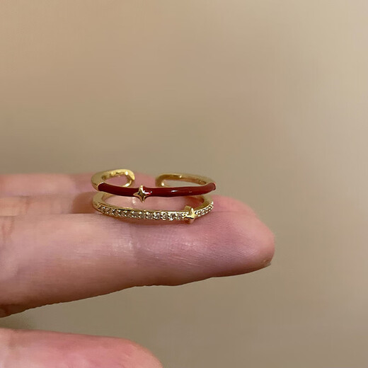 Red star open ring for women, retro adjustable ring, niche design, light luxury and high-end sense, stacked index finger ring, single layer + double layer dripping glaze star ring