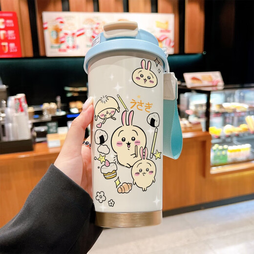 
CLCEY Usaqi thermos cup for students with straw large capacity car water cup coffee portable double drink cup high appearance - with lanyard white - painted printing 520ml BXAB10975 Jiyikawa