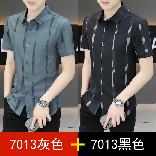 范贝娜新款2025夏季男士短袖衬衫潮流痞帅气级感寸衣薄款凉爽衬衣 7027黑色 M  90-110斤