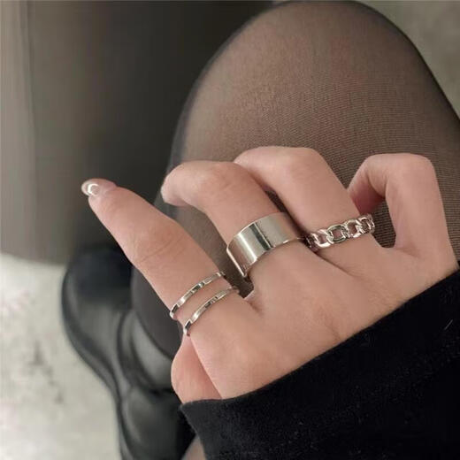 Titanium steel ring three-piece set, three-in-one stylish and simple opening, adjustable combination set, plain ring, three-piece set