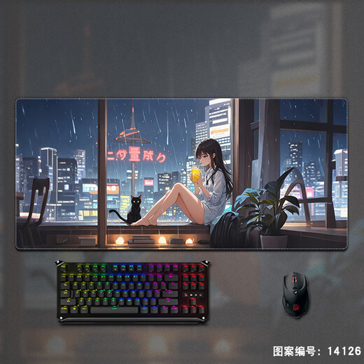 趣味极鼠标垫大号电竞游戏电脑键盘垫耐用男女生个性二次元动漫办公桌垫百搭炫酷高颜值写字电脑键盘垫 14126 雨夜 100厘米x50厘米x4毫米