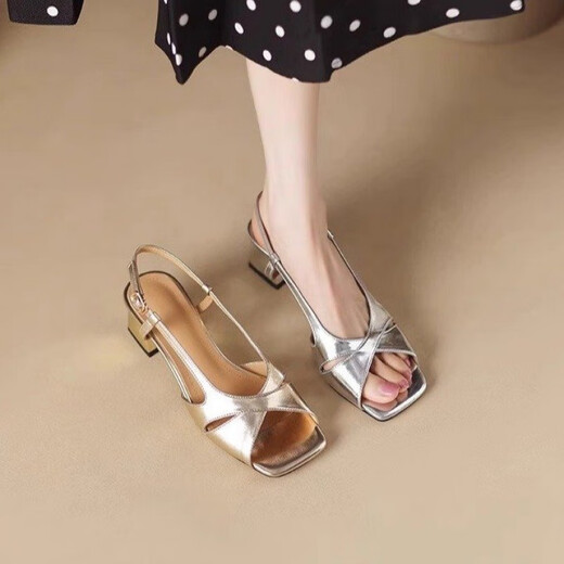 Spider King Silver One-Strip Open Open Talon Sandales pour les femmes 2024 Été Nouveau poisson en cuir rétro français Bouche à mi-talons Silver 35