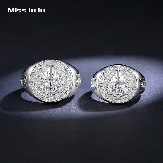 Miss JuJu pt950 Platinum Yellow God of Wealth Ring Men's Platinum National Style Ring Atmosphere Wide Version Live Mouth Adjustable Plate Ring Weight 17.8-18.0 Grams (Live Mouth Adjustable)