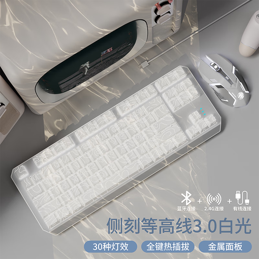 前行者TK870三模无线机械键盘鼠标套装有线蓝牙侧刻等高线3.0高颜值办公游戏电竞电脑笔记本平板iPad通用 白色【87键-白光】无线蓝牙三模+无线蓝牙鼠标 茶轴【办公码字】