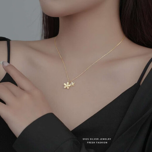 GIOIO Swarovski Zirconium Sterling Silver Cat's Eye Flower Necklace Women's Korean Style Sweet Literary Micro Diamond Lock Same Style White Gold S