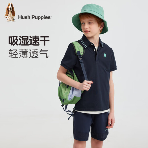 Hush Puppies quick-drying children's clothing for boys and girls in summer, handsome, simple, contrasting colors, holiday style, casual POLO short sleeves, navy blue 130