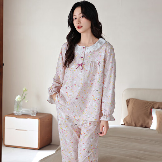 
New step (XINYIBU) 100% cotton thin spring and autumn pajamas for women long sleeves elegant lace printed home clothes for outdoor wear S4865 M
