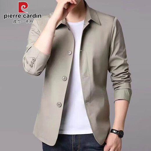 皮尔卡丹（pierre cardin）春秋季男士商务休闲夹克西装中青年纯色翻领薄款韩版修身风衣外套 深蓝1048【商场专柜同款】 XL 【建议138-152斤】