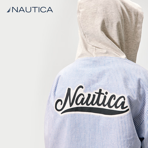 NAUTICA children's clothing boys and girls thin coat spring and autumn spliced hooded vertical striped shirt big children's clothes blue strip 140