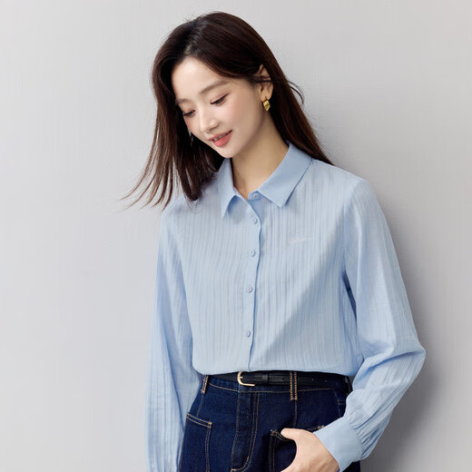 Inman Commuting Simple Embroidered Women's Long Sleeve Shirt 2026 Spring New Comfort Cotton Shirt Top Sea Salt Blue L