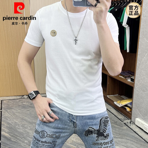 皮尔卡丹（pierre cardin）t恤男士短袖男2025夏季新款修身个性刺绣烫钻欧货丝光棉圆领T恤男 679机长短袖白色 4XL