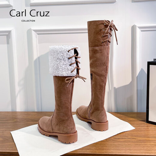 Carl Cruz高筒靴女2024年新款春秋皮毛一体加绒雪地靴厚底显瘦过膝长筒靴子 棕色 37 235mm