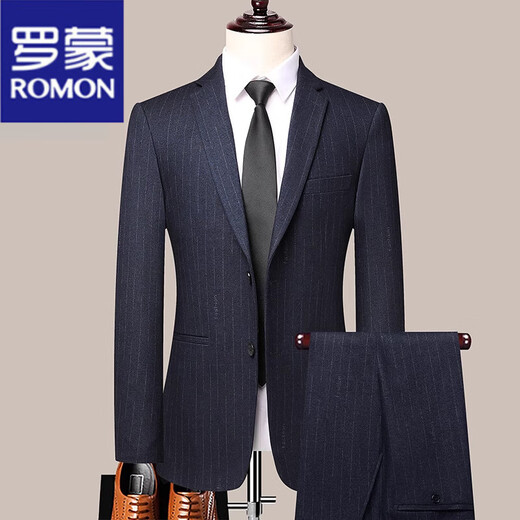 罗蒙（ROMON）条纹西装男士套装正装职业结婚新郎礼服修身商务休闲伴郎西服外套 黑灰8983 【单件上衣】 170【建议95-115斤】 M