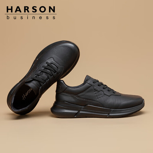 Harson men's casual shoes, thick-soled walking shoes, commuter high-end business sports leather shoes, black 39