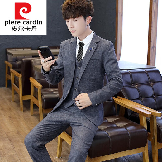 皮尔卡丹（pierre cardin）西服套装男士商务职业正装韩版修身伴郎新郎结婚礼服小西装潮针织 802黑色西服+马甲+衬衫+西裤/4件 M (建议90-105斤穿)
