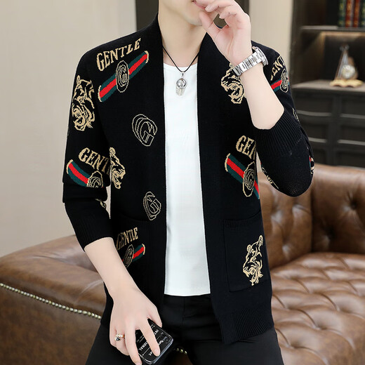 龙桃子男士针织开衫2024年春秋冬季新款上衣服潮流修身休闲秋天毛衣外套 9901黑色 M