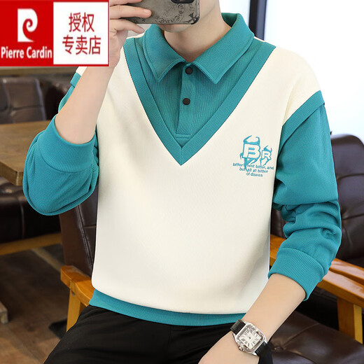 Pierre Cardin Shirt Collar Sweathirt Men de printemps et d'automne deux pièces épissées T-shirt à manches longues décontractées