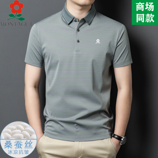 Mengtejiao Herren Mulberry Seide Kurzärärmelte T-Shirt 2025 Sommer mittleren Alters Anzug Business Casual Striped T-Shirt A829-Red M 165 Geeignet für 100-115jin [Jin entspricht 0,5 kg]