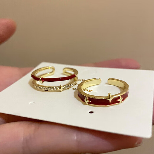 Red star open ring for women, retro adjustable ring, niche design, light luxury and high-end sense, stacked index finger ring, single layer + double layer dripping glaze star ring