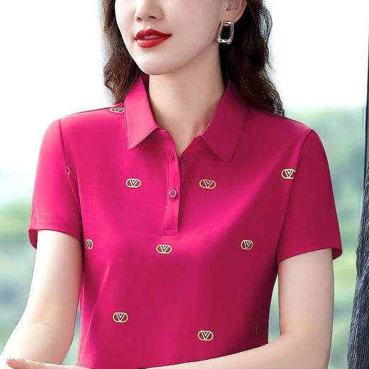 T-shirt à manches courtes Xuan Mulin pour les femmes en été, nouvelle tenue mère à la mode portant un polo de grande taille de revers rouge C-1697 Rose Red M recommandée 80-95 Jin [Jin est égal à 0,5 kg]