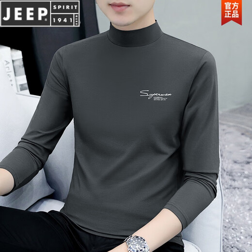 JEEP SPIRIT男士长袖T恤印花半高领男装打底衫弹力修身休闲男式T恤上衣内搭 C6187碳灰 M