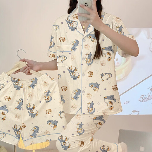 Red bean (Hodo) pure cotton pajamas for women in spring and autumn long-sleeved plus large size home clothes for winter and summer cotton-fitting confinement clothes for three-piece set: 14118 M Recommended 70-95 Jin [Jin equals 0.5 kg]