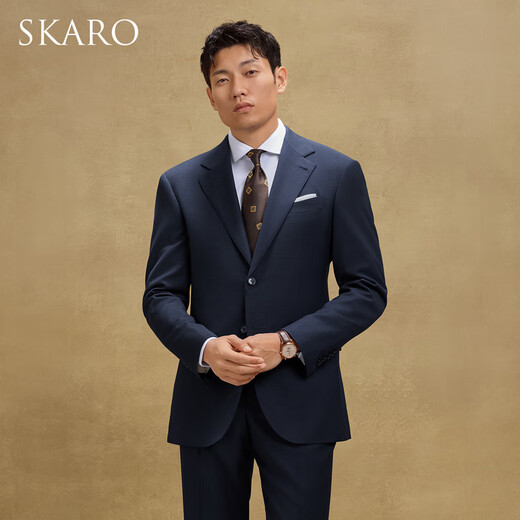 SKARO Handmade Milan Eye & Anti-wrinkle Navy Plaid Suit Men's Business Professional Formal Suit Navy Window Plaid SKG1671A Size 48 Top Please note the size of the trousers