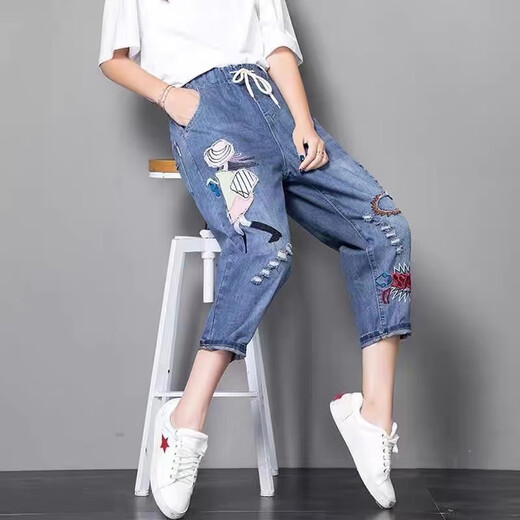 索宛亦（SUOWANYI）2025新款牛仔裤女夏九分裤松紧高腰宽松大码刺绣胖mm破洞哈伦裤女 9905#小鸟九分裤 31 130-140斤