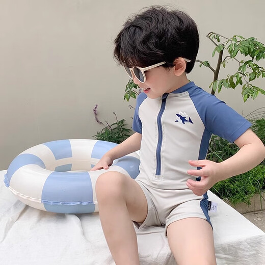 Xinnan Children's one-piece short-sleeved swimsuit boy's summer anti-cut shark sun drying fast-drying children's beach vacation set Cute shark size L [height 90-100CM] 100