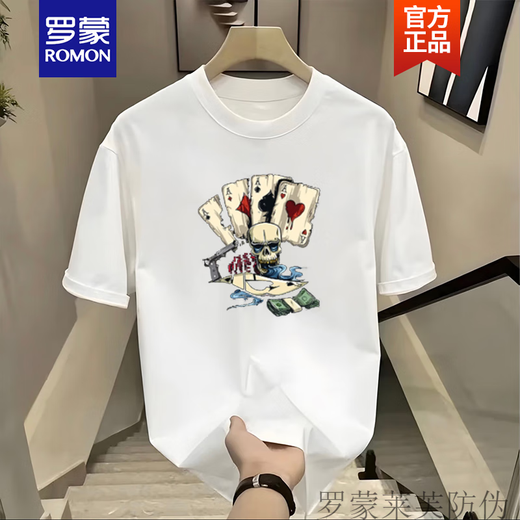 罗蒙（ROMON）男生短袖T恤潮流潮牌ins宽松百搭2025青少年纯棉体恤上衣夏季新品 黑色前大图【K983  骰子扑克 】 2XL 建议160-180斤