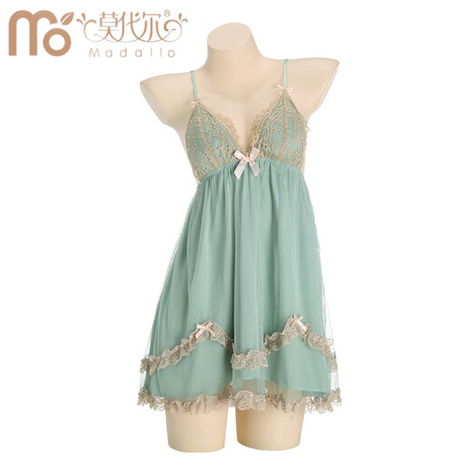Modal sexy pajamas women with breast pads suspenders French pure lace mesh nightgown new style P3886 green (outer robe + belt) single size