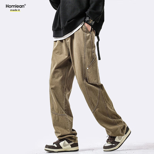 Homlean美式纯棉休闲裤男春夏小众潮牌复古宽松工装长裤子HS60卡其色2XL