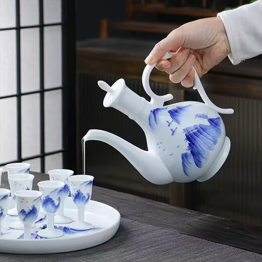 Guoyue Ceramic White Wine Cup Simple Wine Set Home Drinking Glass with Tray Gift Box Wine Jug Tall Wine Glass for Gift Blue and White Landscape Wine Set Gift Box