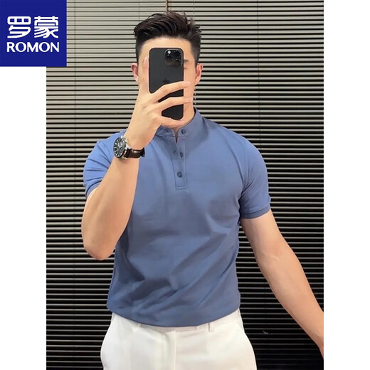 罗蒙（ROMON）品质商务半袖男士polo.衫年轻款夏季重磅蓝色亨利领短袖T恤 蓝色【高质量】 型男 L (适合)115-130斤