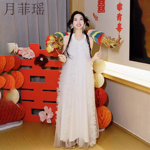 月菲瑶法式新娘结婚晨袍睡裙白色轻婚纱礼服伴娘网纱连衣裙露背仙女长裙 白色 S