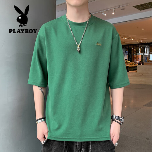花花公子（PLAYBOY）七分袖男士短袖t恤2025夏季新款圆领宽松版型绣花中袖潮牌ins半袖 QD659酒红 3XL 【170-190斤】