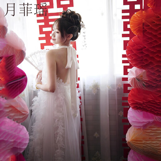 月菲瑶法式新娘结婚晨袍睡裙白色轻婚纱礼服伴娘网纱连衣裙露背仙女长裙 白色 S