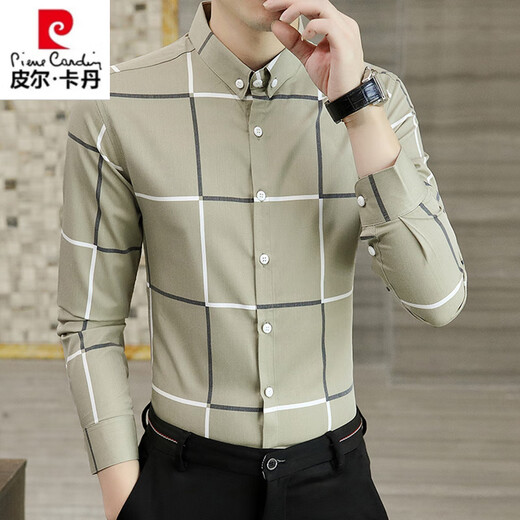 Pierre cardin spring and autumn plaid casual shirt men's long-sleeved thin high-end shirt business slim-fit trendy shirt 9922 khaki XL (120-135Jin [Jin equals 0.5 kg])