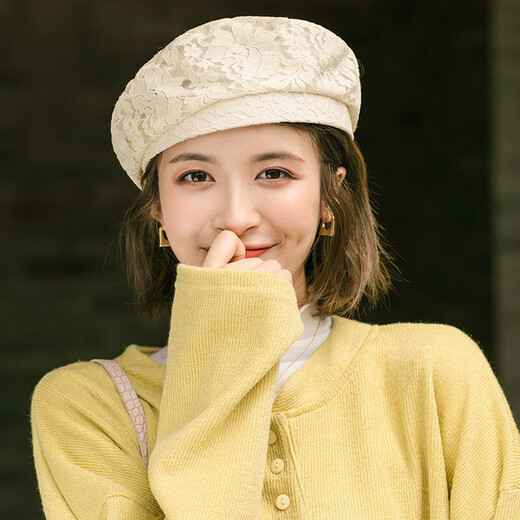 慕麦昆帽子女新款夏季薄款蕾丝贝雷帽女轻薄透气防晒帽女英伦复古八角帽 酒红色 均码