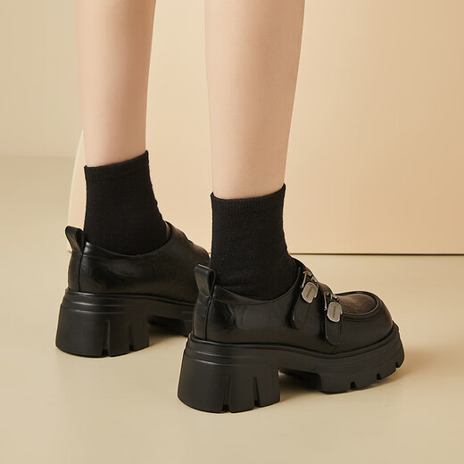 Qifanni flavan.fv semelle épaisse chaussures en cuir surélevées pour les femmes au printemps nouveaux talons épais semelles molle non glissée de style collégial pour filles chaussures en cuir décontractées 1289-2 noir 38 (240 mm)