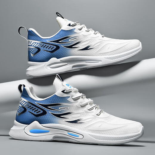 Sportschuhe Herrenschuhe Frühling und Sommer atmungsaktives weiches alleinige Netzschuhe Herren lässige Schuhe Leichte schockabsorbierende Trendschuhe Männer Weiß und Blau K333 44