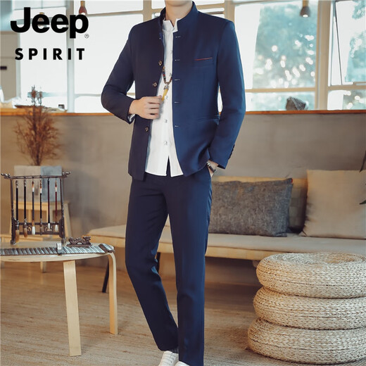 JEEP SPIRIT Zhongshan suit men young Chinese stand-up collar suit men Tang suit casual jacket men spring and autumn wedding dress 107 off-white top + shirt + pants 2XL