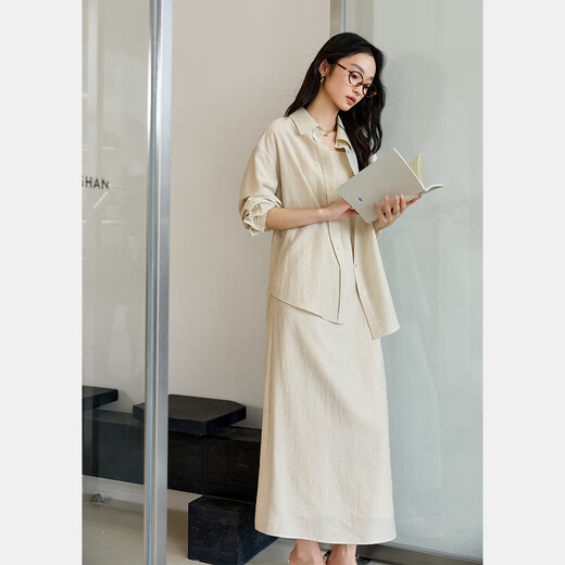 
Vanciman Fashion Casual Sling Dress Set Women's 2025 Summer New Loose All-Matching Shirt Two-Piece M9853 Gray Apricot M